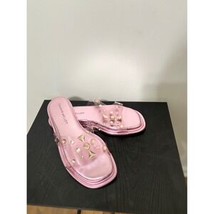 Tamara Mellon Studded Slides Clear Strap Pink Leather Sandals Size‎ 39